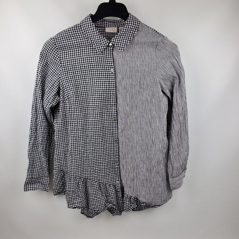Logo by Lori Goldstein Button Down Blouse Tunic Shirt Womens Small Black White